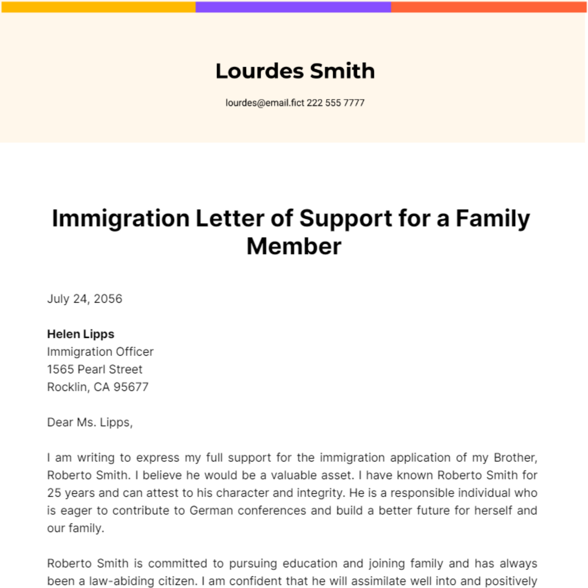 Free Immigration Letter of Support for a Family Member Template