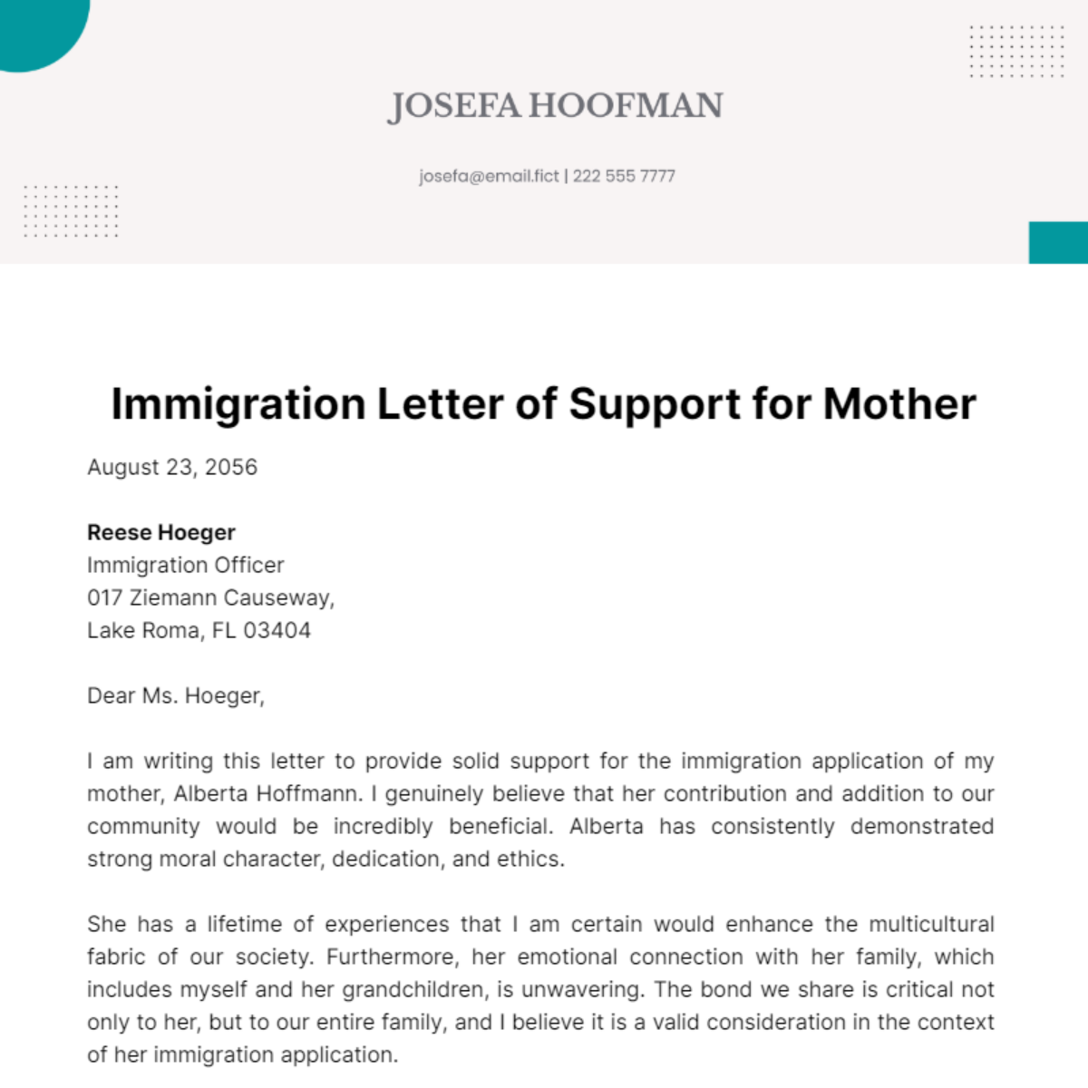 Immigration Letter of Support for Mother Template