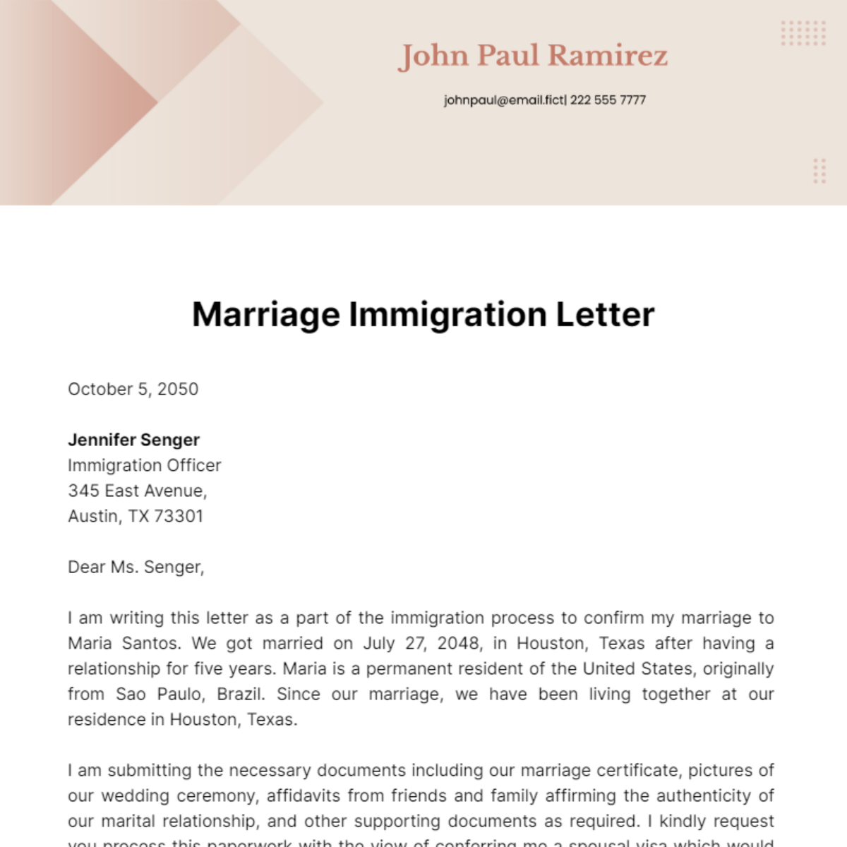 Marriage Immigration Letter Template
