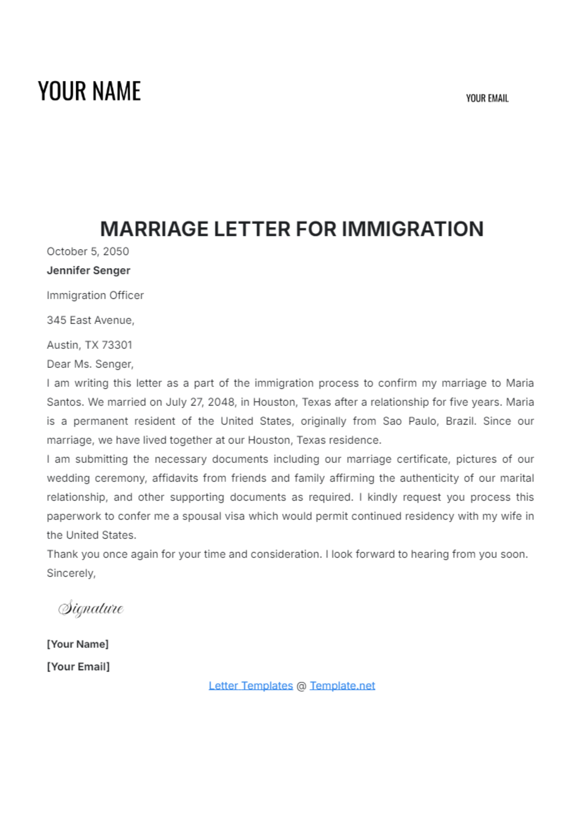 Marriage Letter for Immigration Template - Edit Online & Download