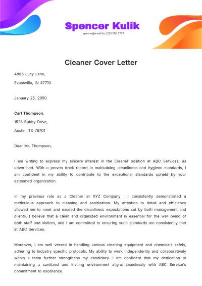Free Cleaner Cover Letter Template to Edit Online