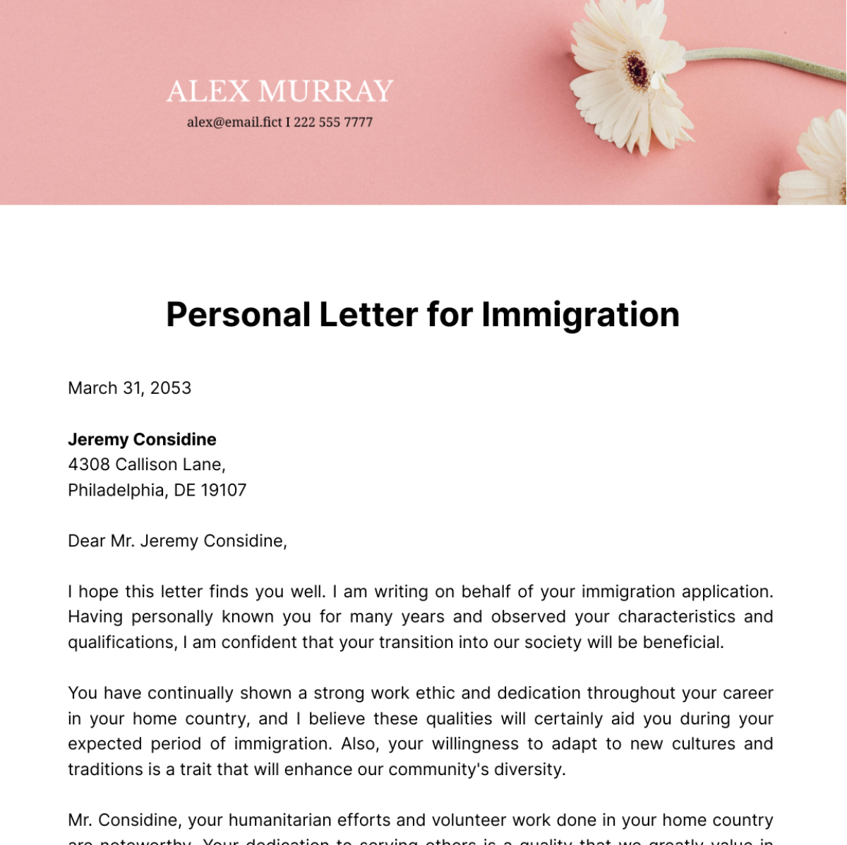 Free Personal Letter for Immigration Template