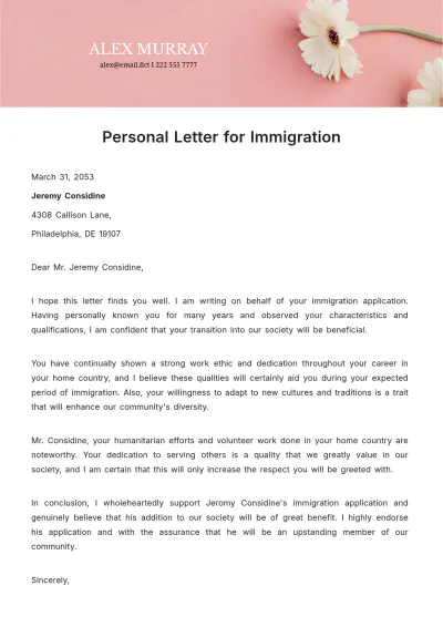 Free Personal Letter for Immigration Template to Edit Online