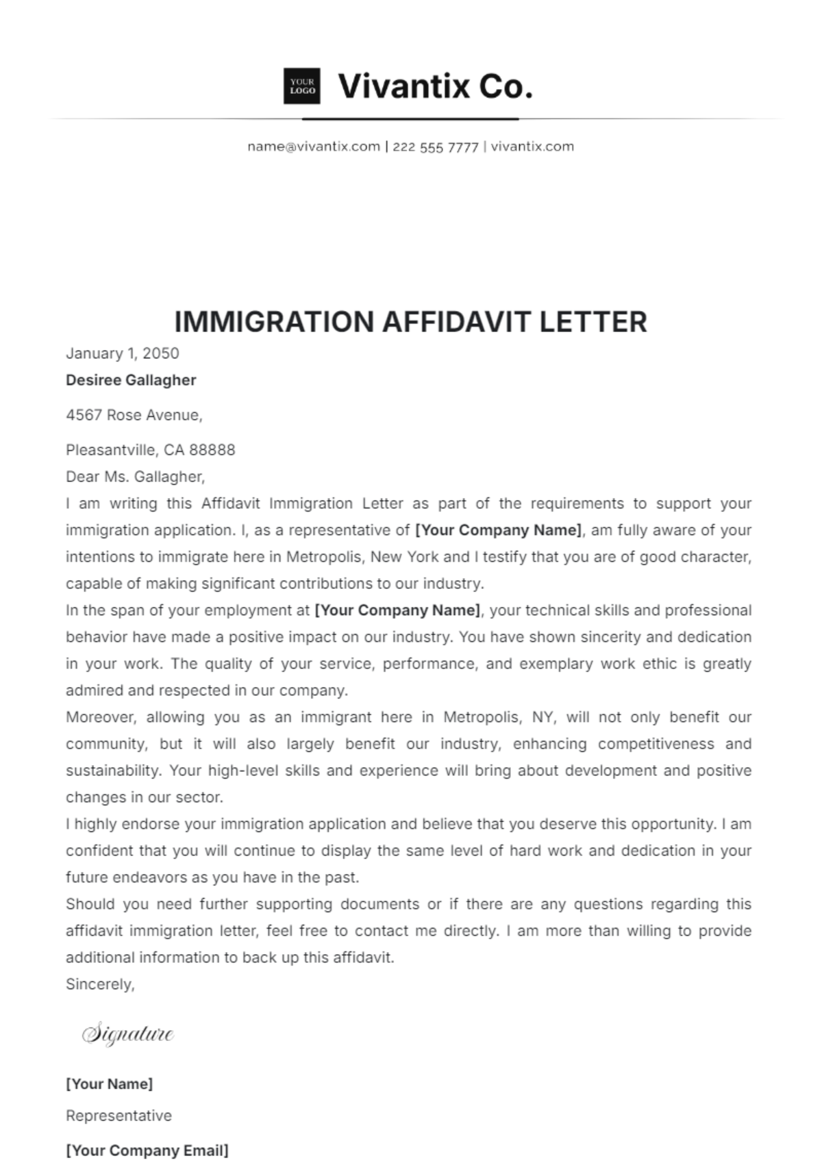 Free Immigration Affidavit Letter Template