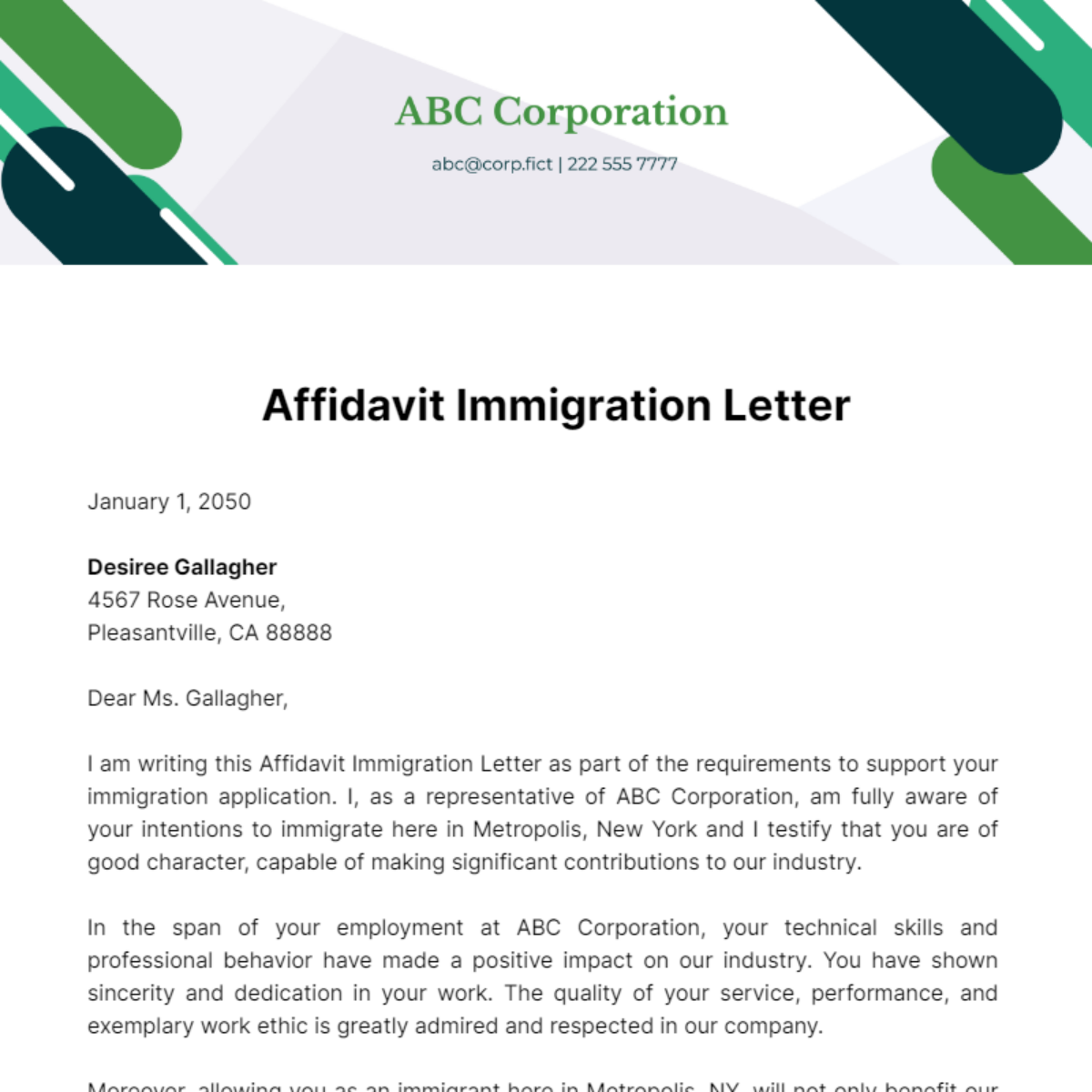 Affidavit Immigration Letter Template