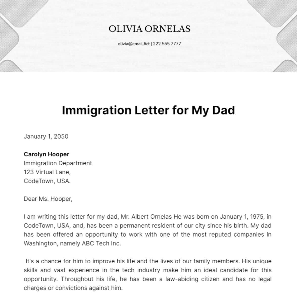 Free Immigration Letter for My Dad Template