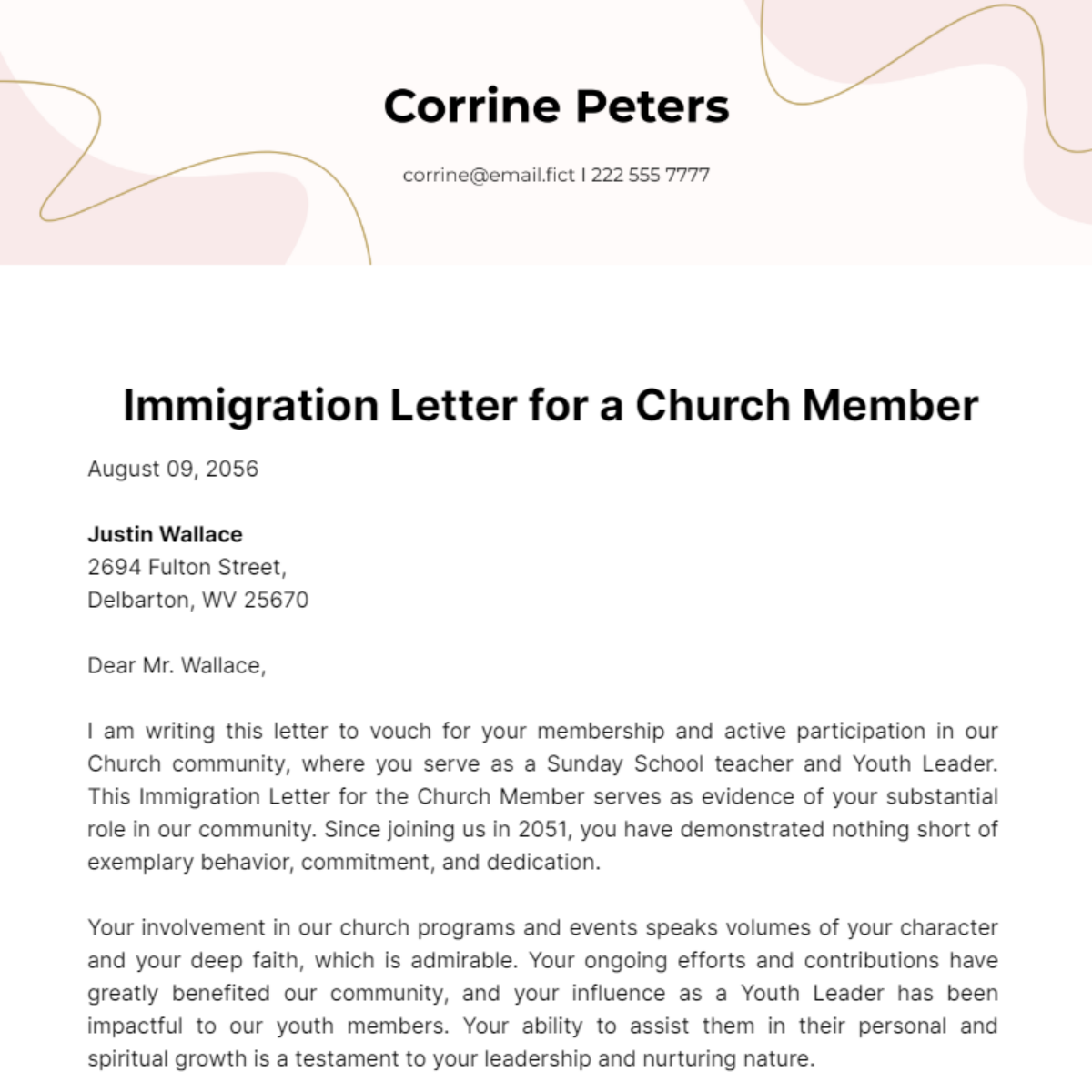Free Immigration Letter for a Church Member Template