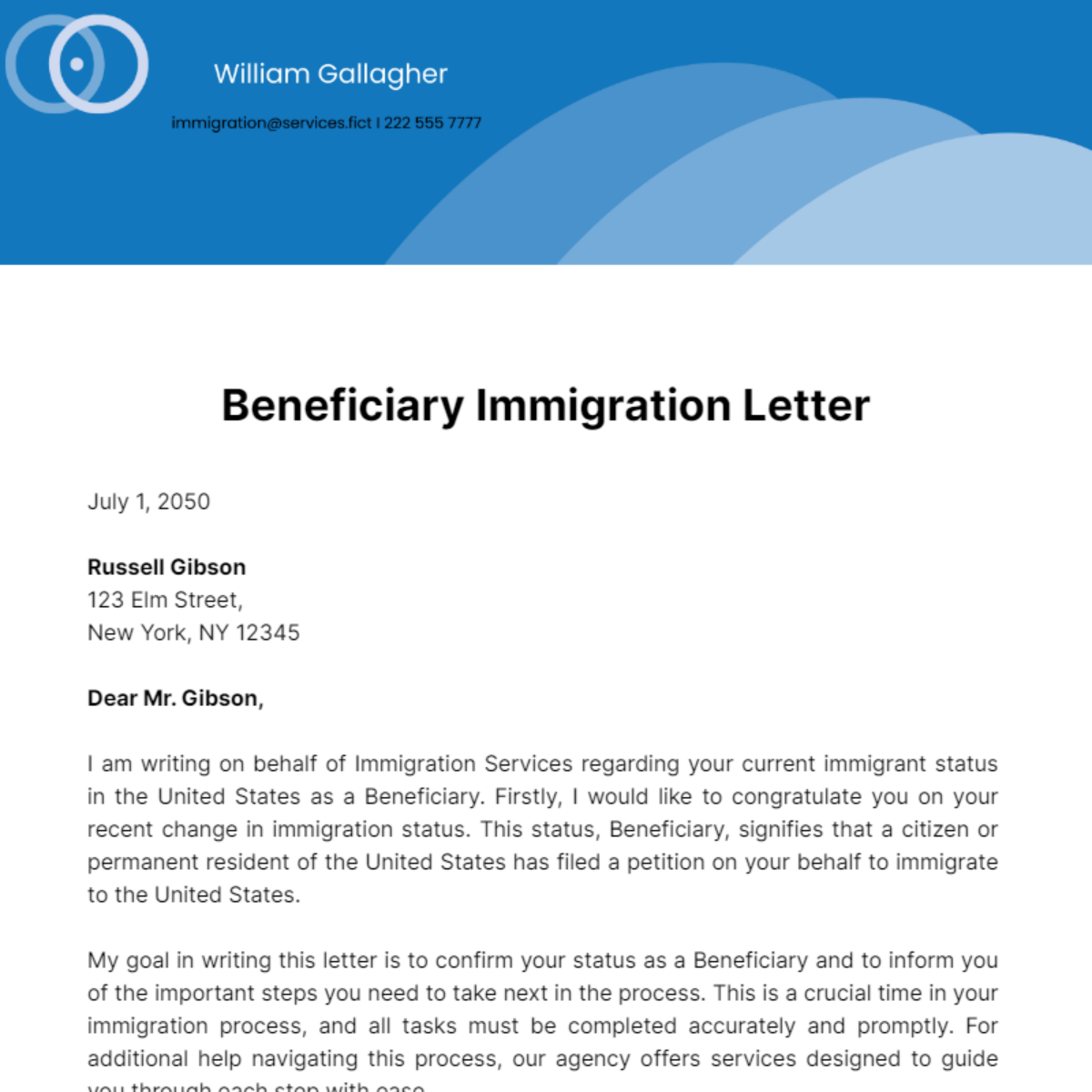 Beneficiary Immigration Letter Template