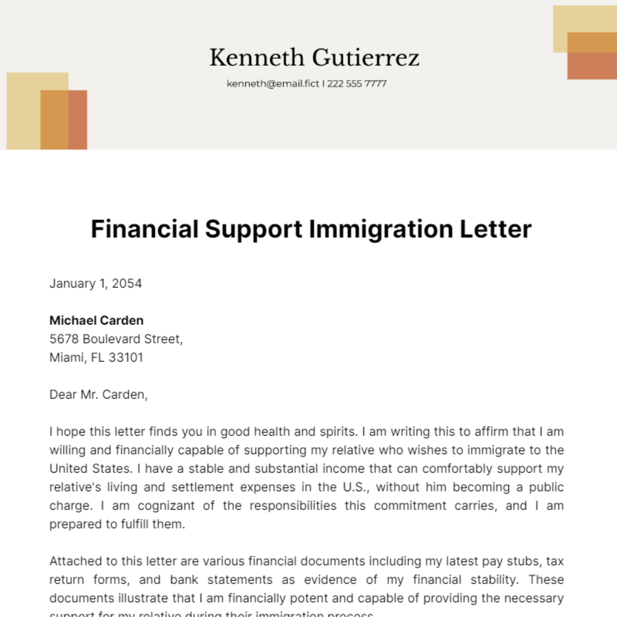 Financial Support Immigration Letter Template