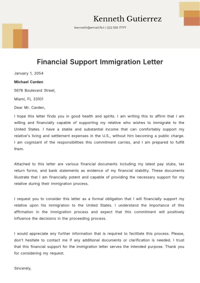 Free Financial Support Immigration Letter Template to Edit Online