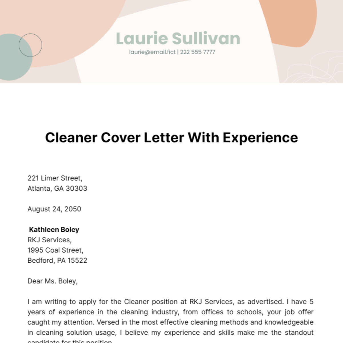 Cleaner Cover Letter with Experience Template