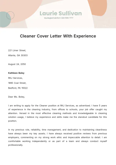Free Cleaner Cover Letter with Experience Template to Edit Online