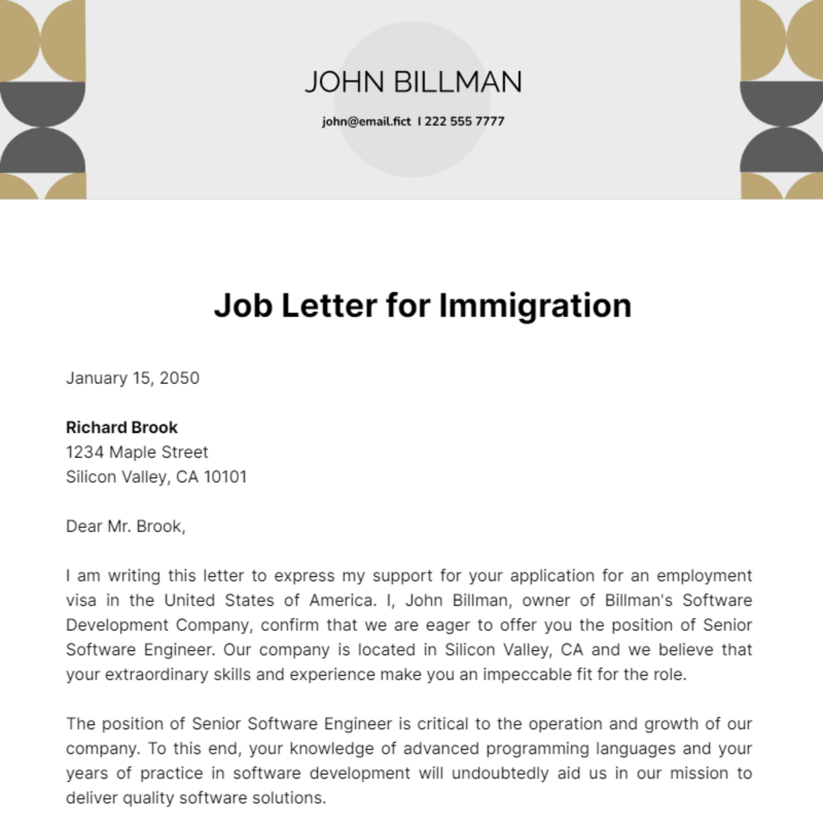 Job Letter for Immigration Template