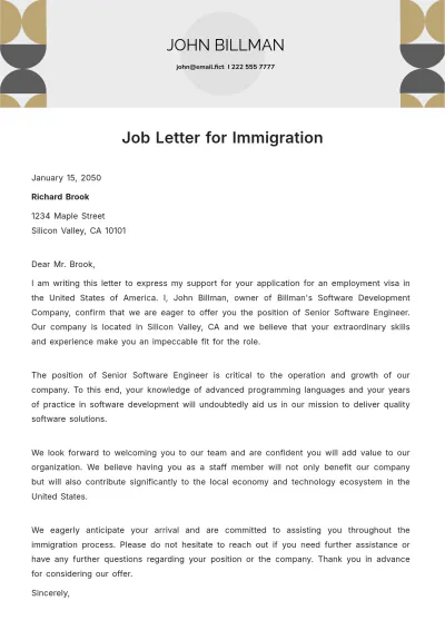 Free Job Letter for Immigration Template to Edit Online