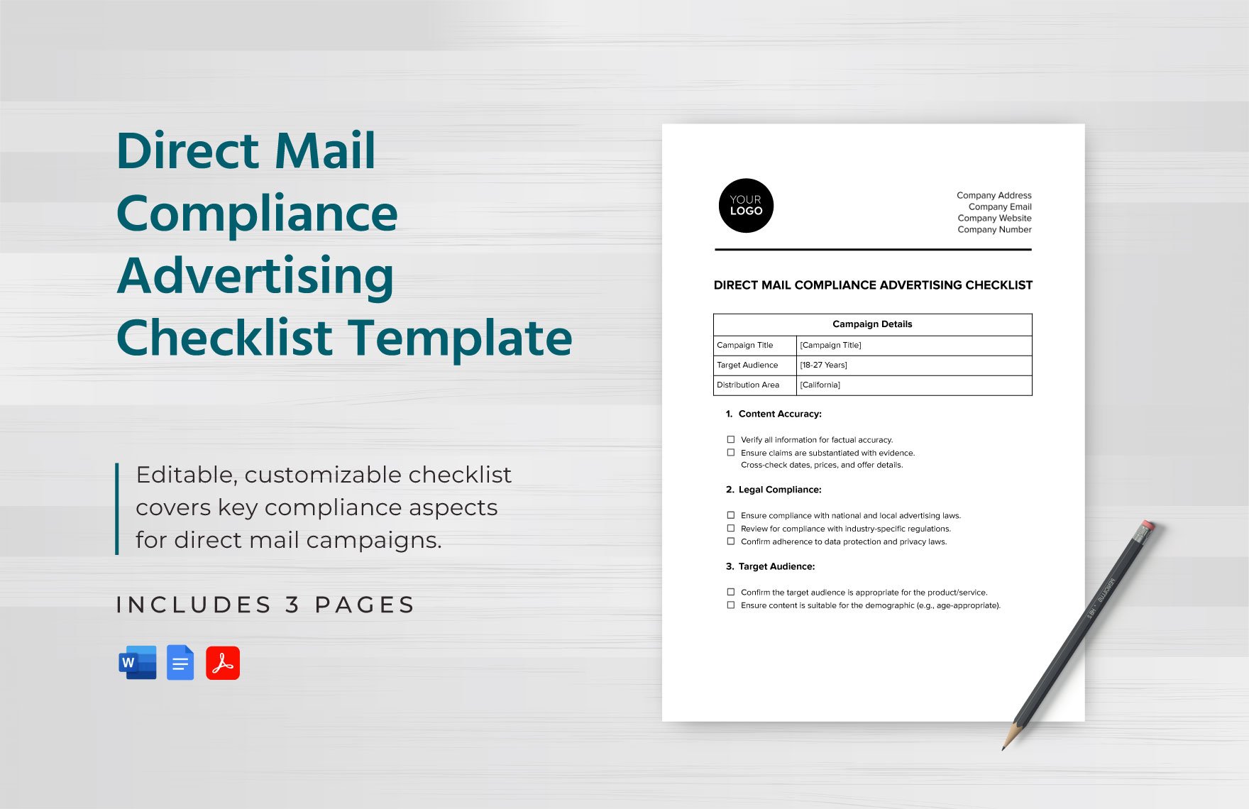 Direct Mail Compliance Advertising Checklist Template in Word, Google Docs, PDF