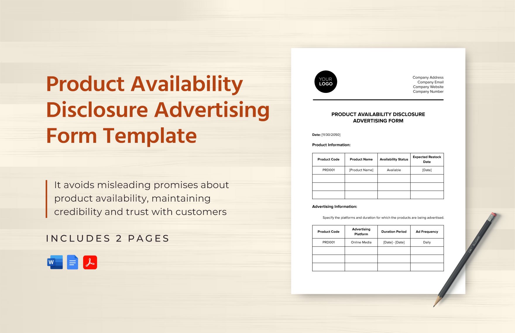 Product Availability Disclosure Advertising Form Template in Word, Google Docs, PDF