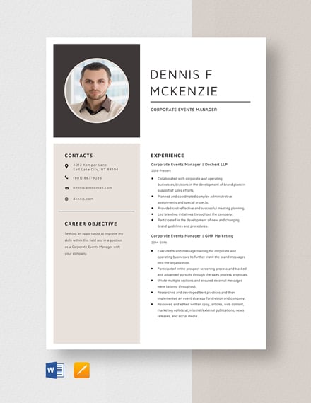 Corporate Event Manager Resume Template - Word, Apple Pages