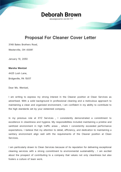 Free Proposal for Cleaner Cover Letter Template to Edit Online