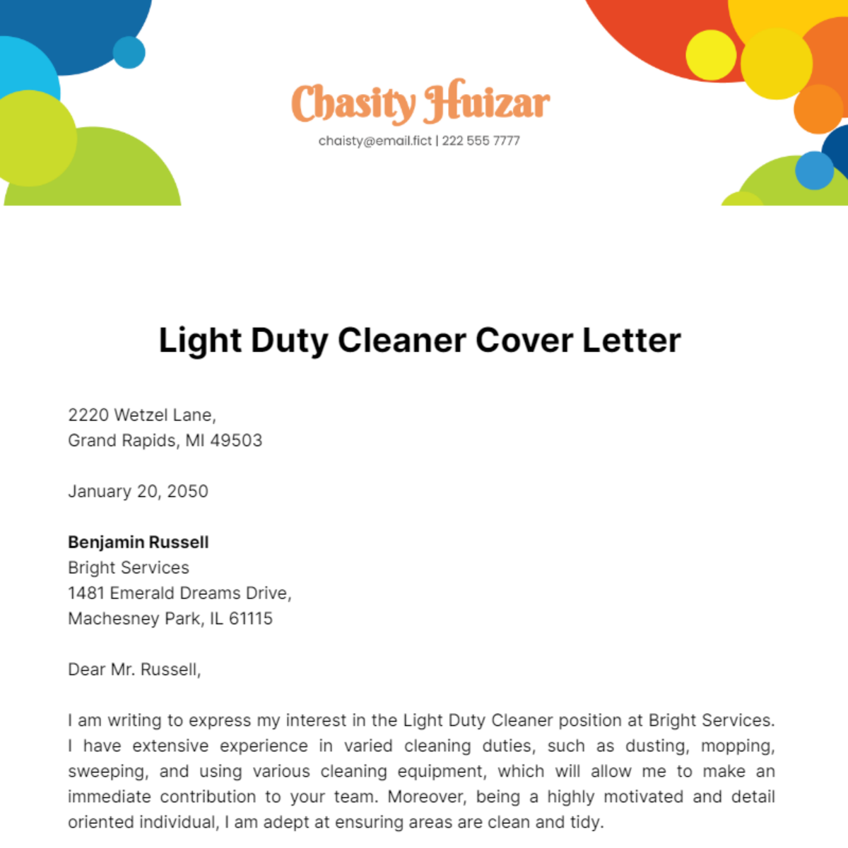 Light Duty Cleaner Cover Letter Template
