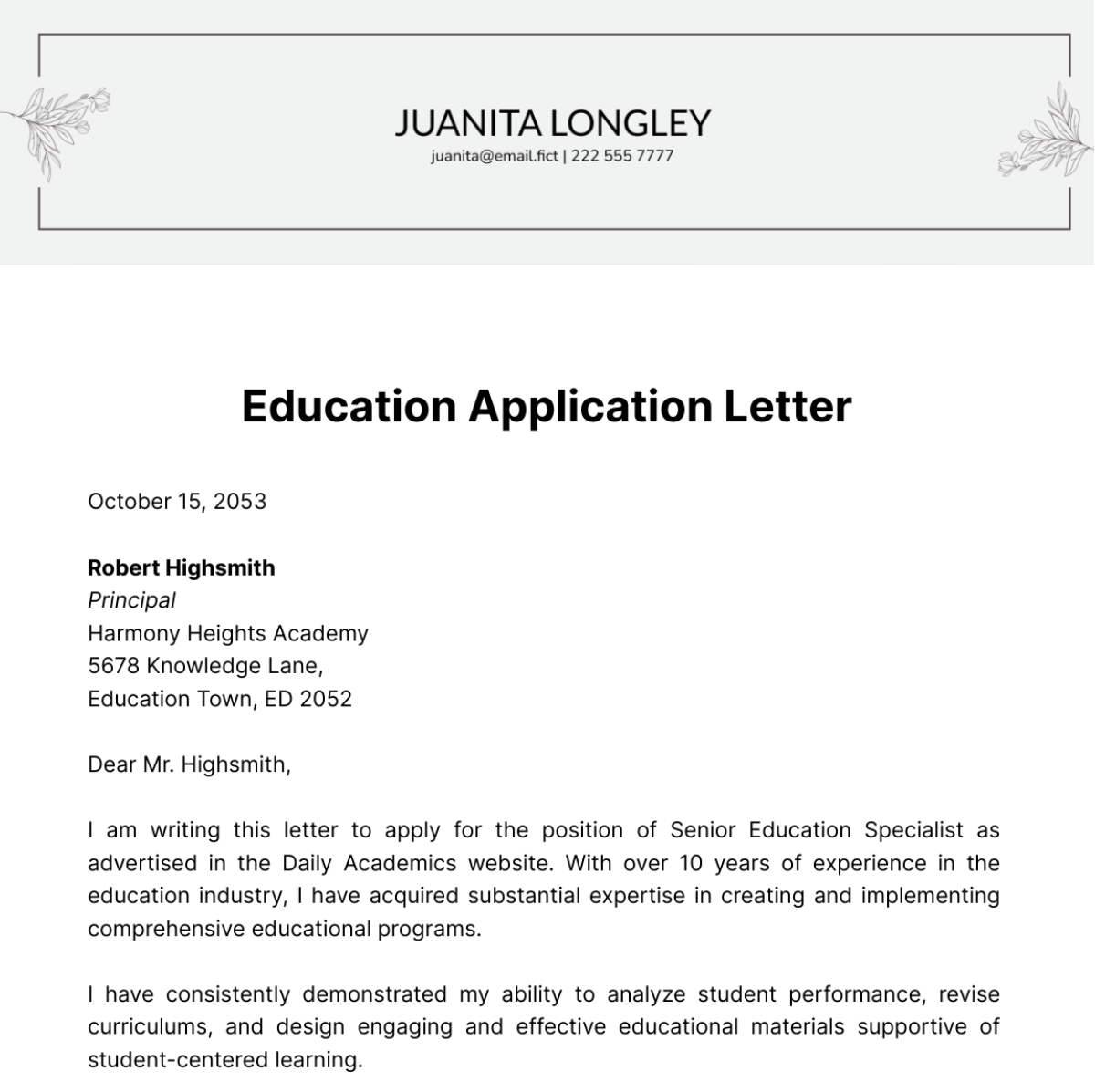 Education Application Letter Template