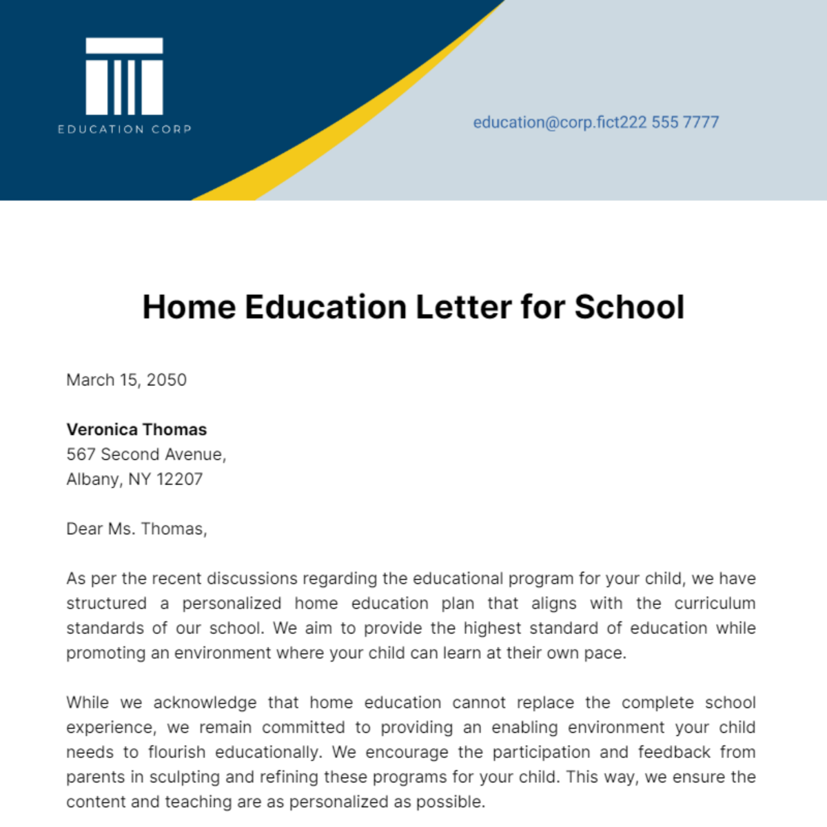 Home Education Letter for School Template