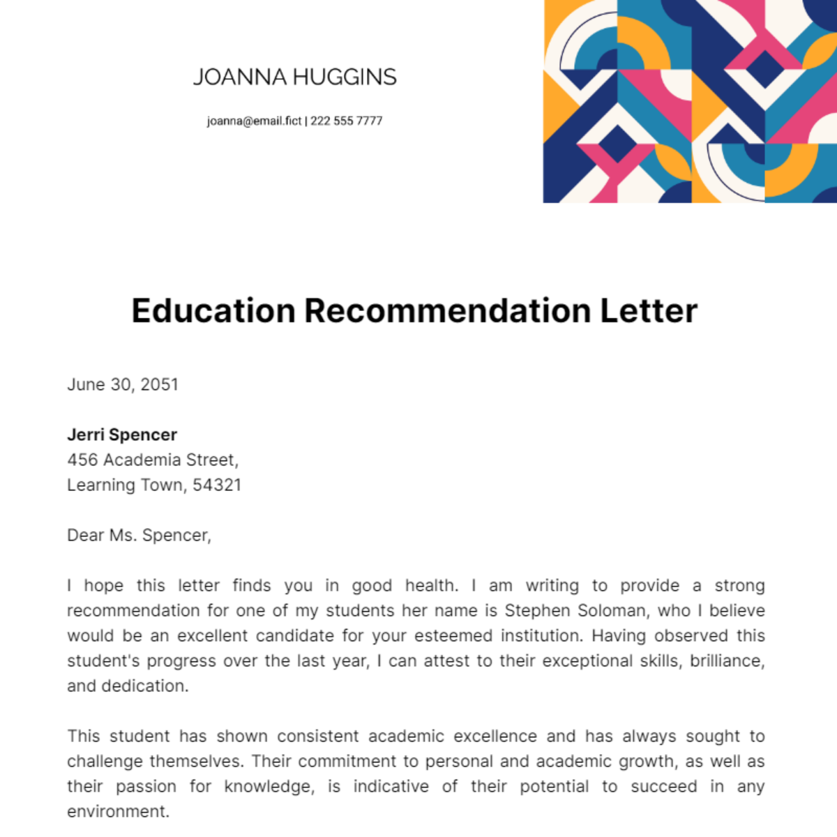 Education Recommendation Letter Template