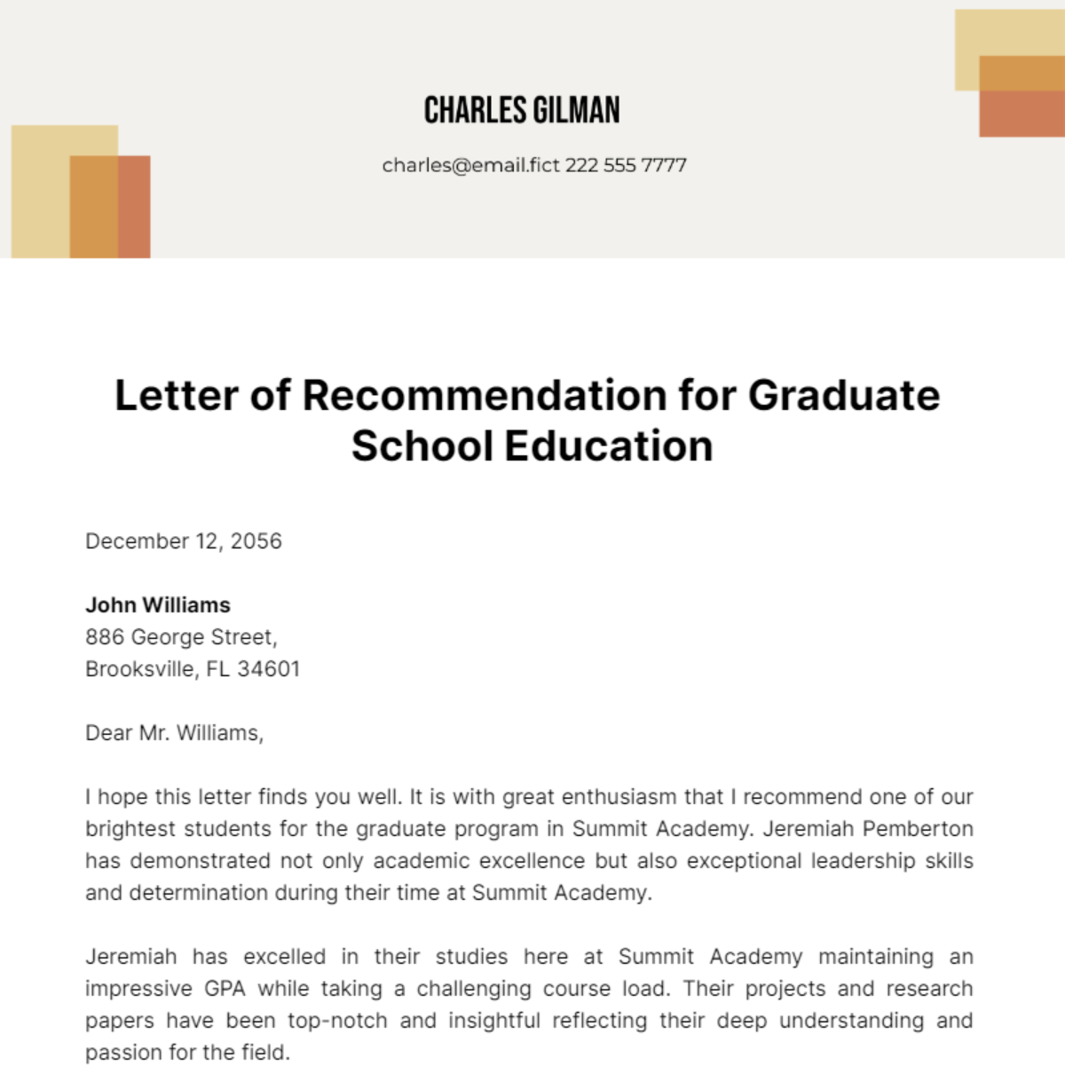 Letter of Recommendation for Graduate School Education Template