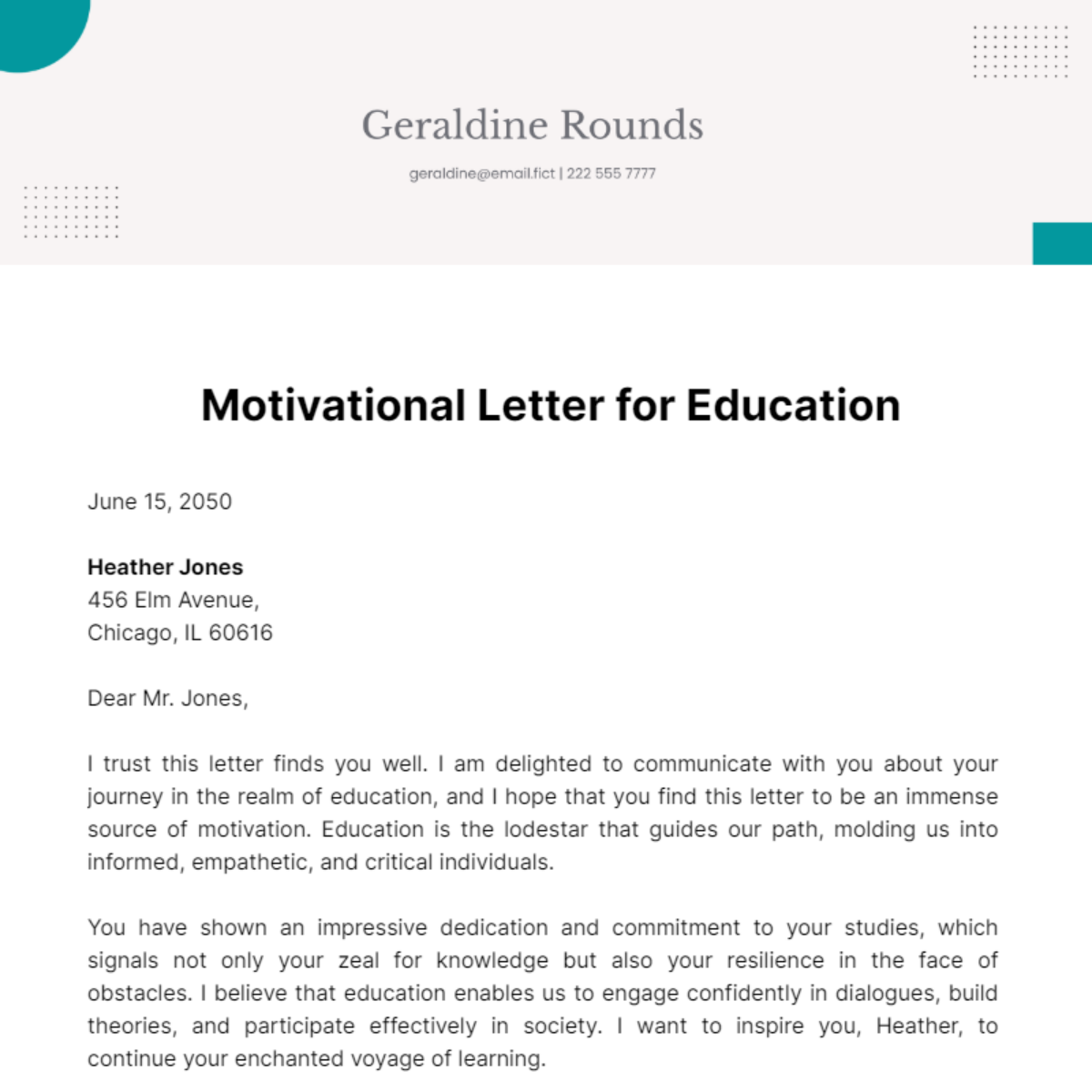 Motivational Letter for Education Template