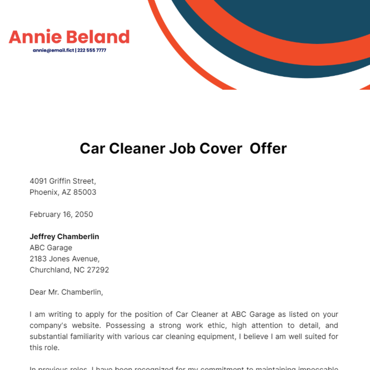 Car Cleaner Job Cover Letter Template