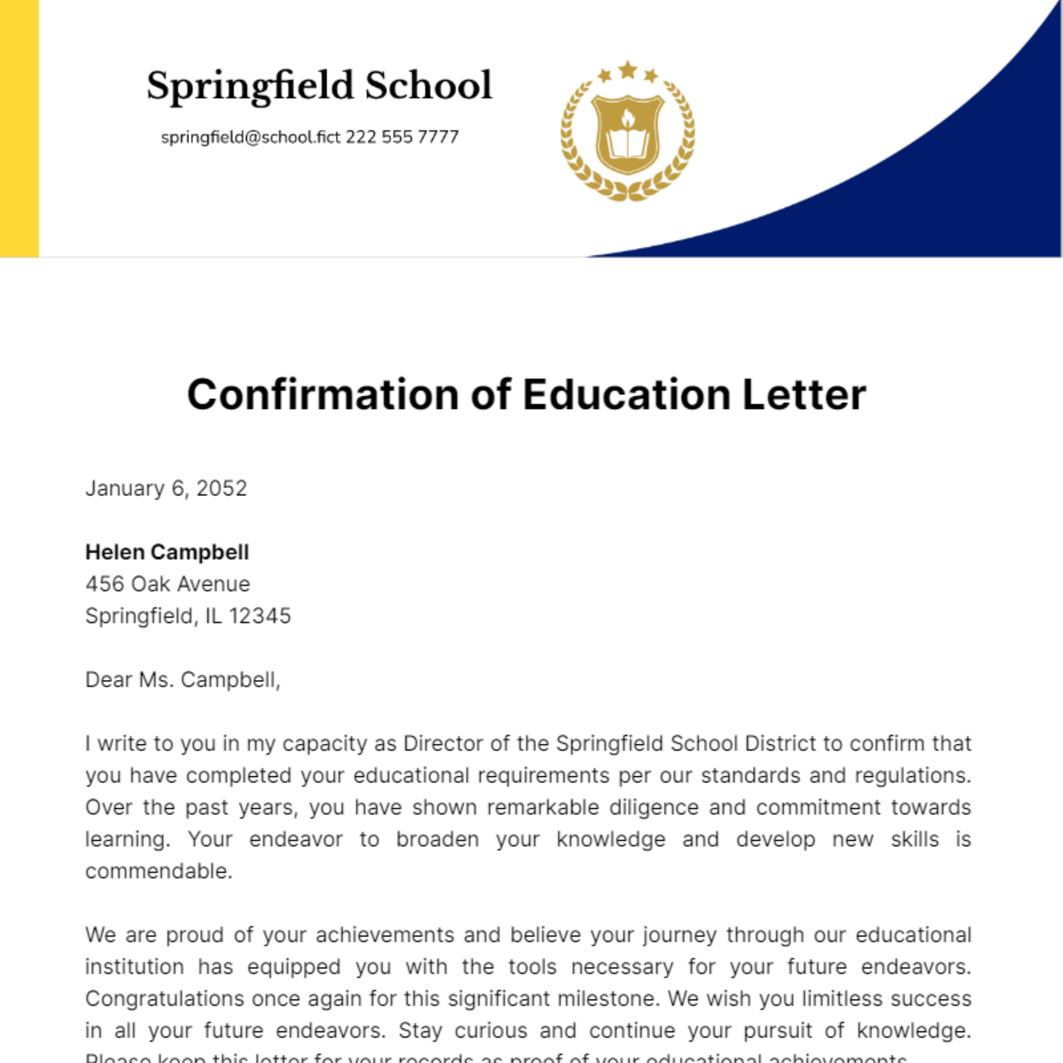 Confirmation of Education Letter Template
