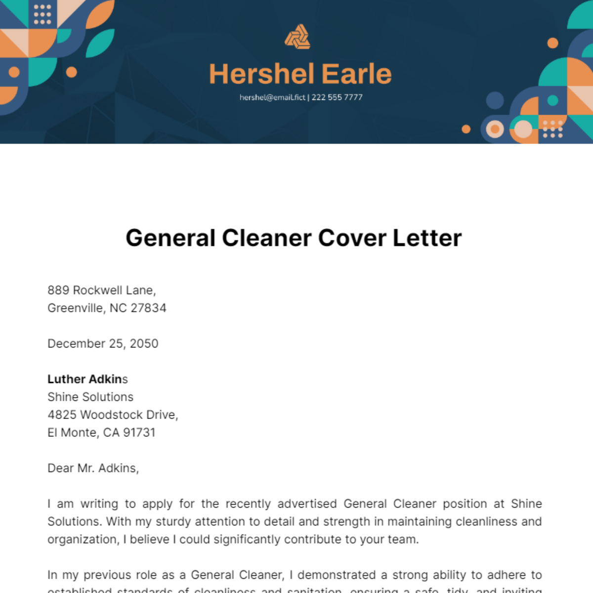 General Cleaner Cover Letter Template