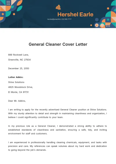 Free General Cleaner Cover Letter Template to Edit Online