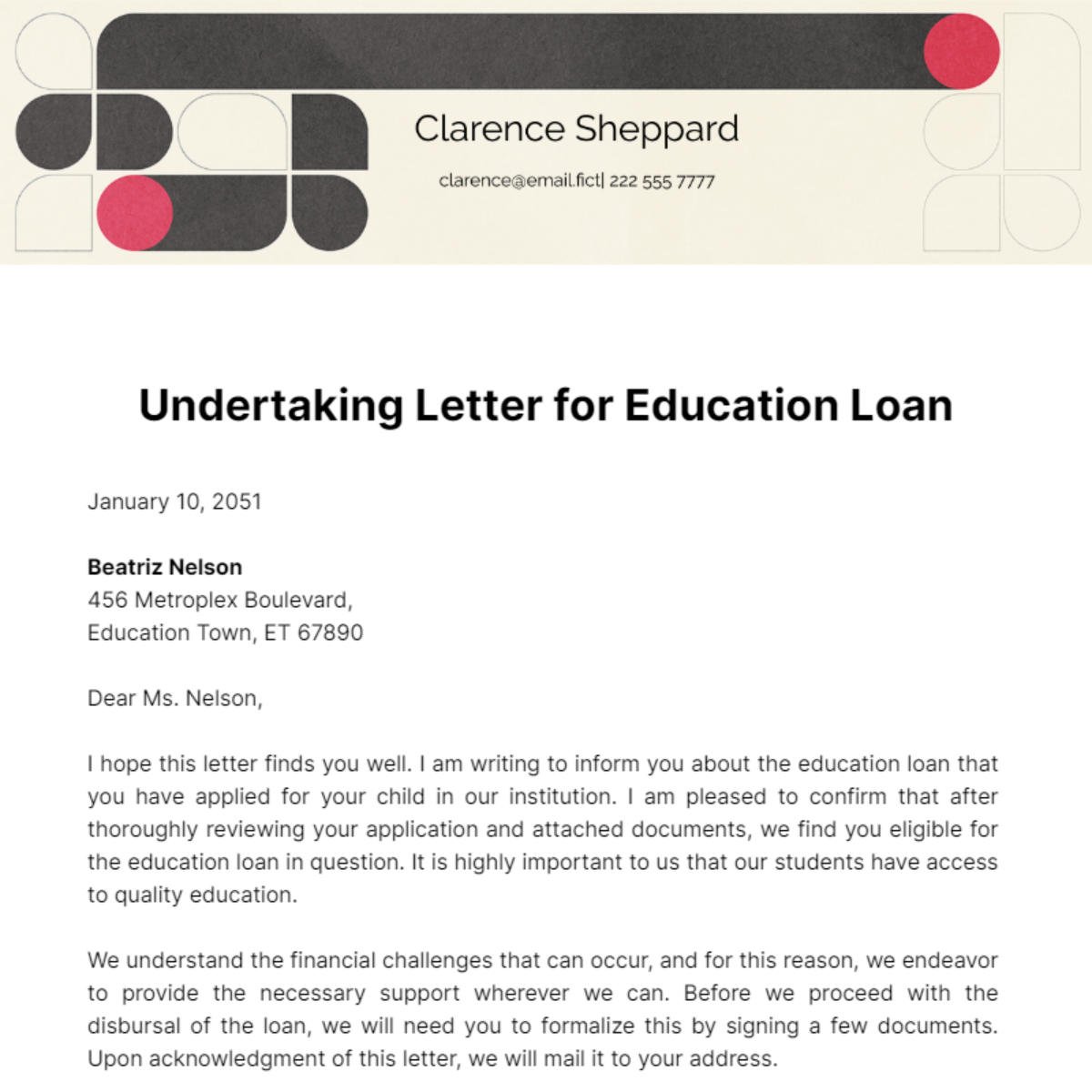 Undertaking Letter for Education Loan Template