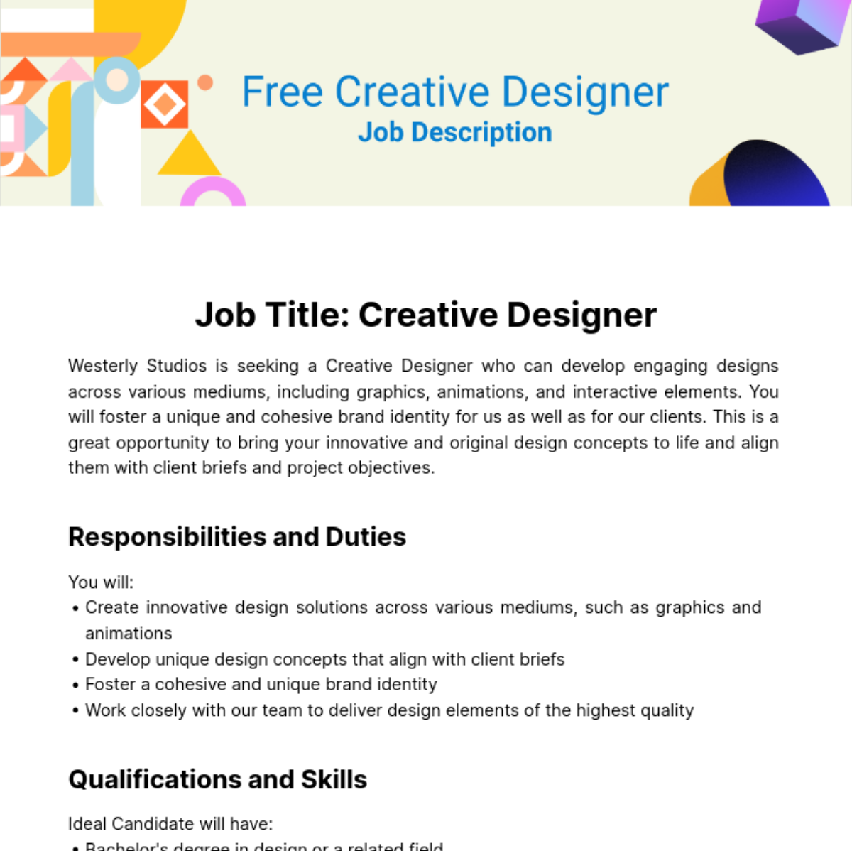 Creative Designer Job Description Edit Online 