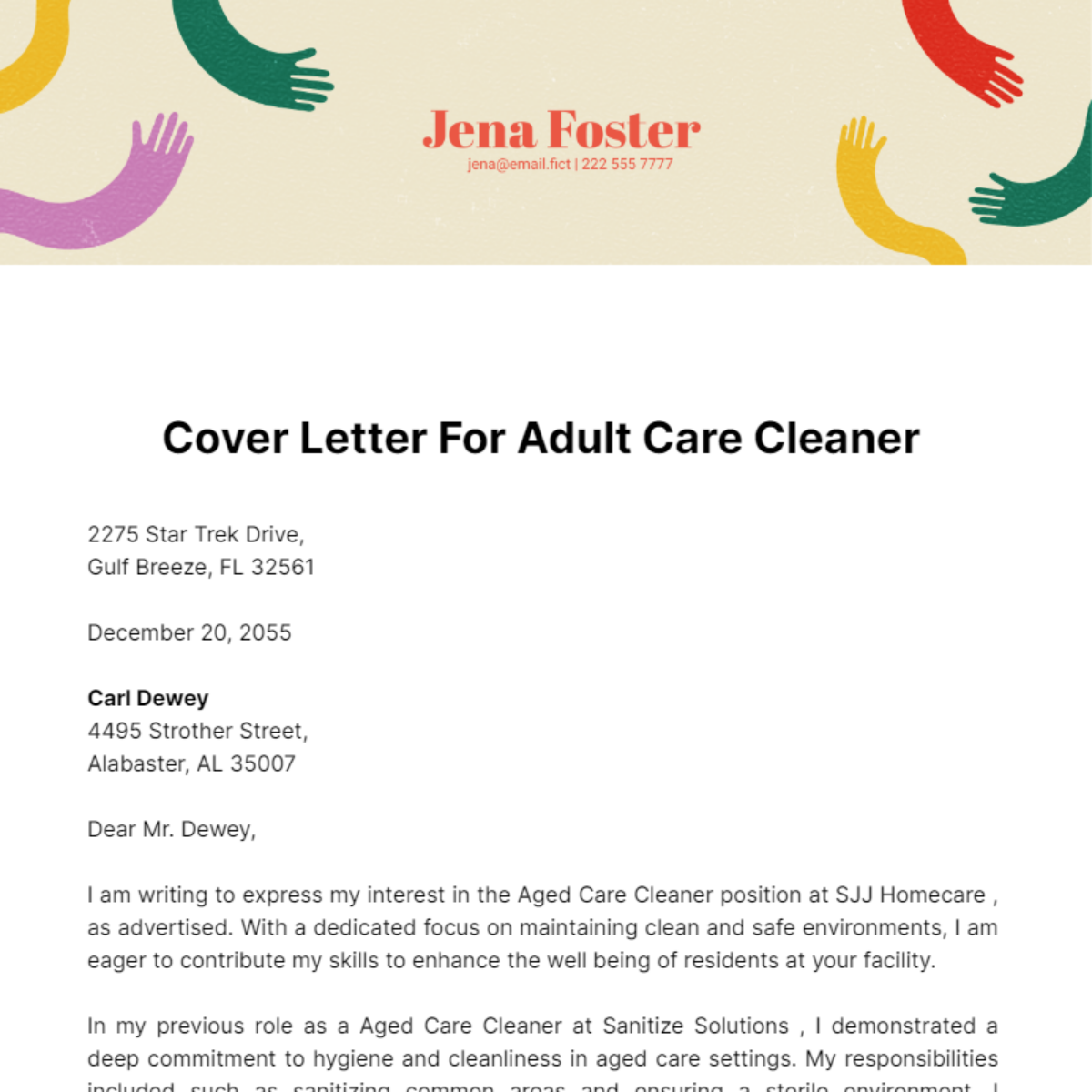 Cover Letter for Aged Care Cleaner Template