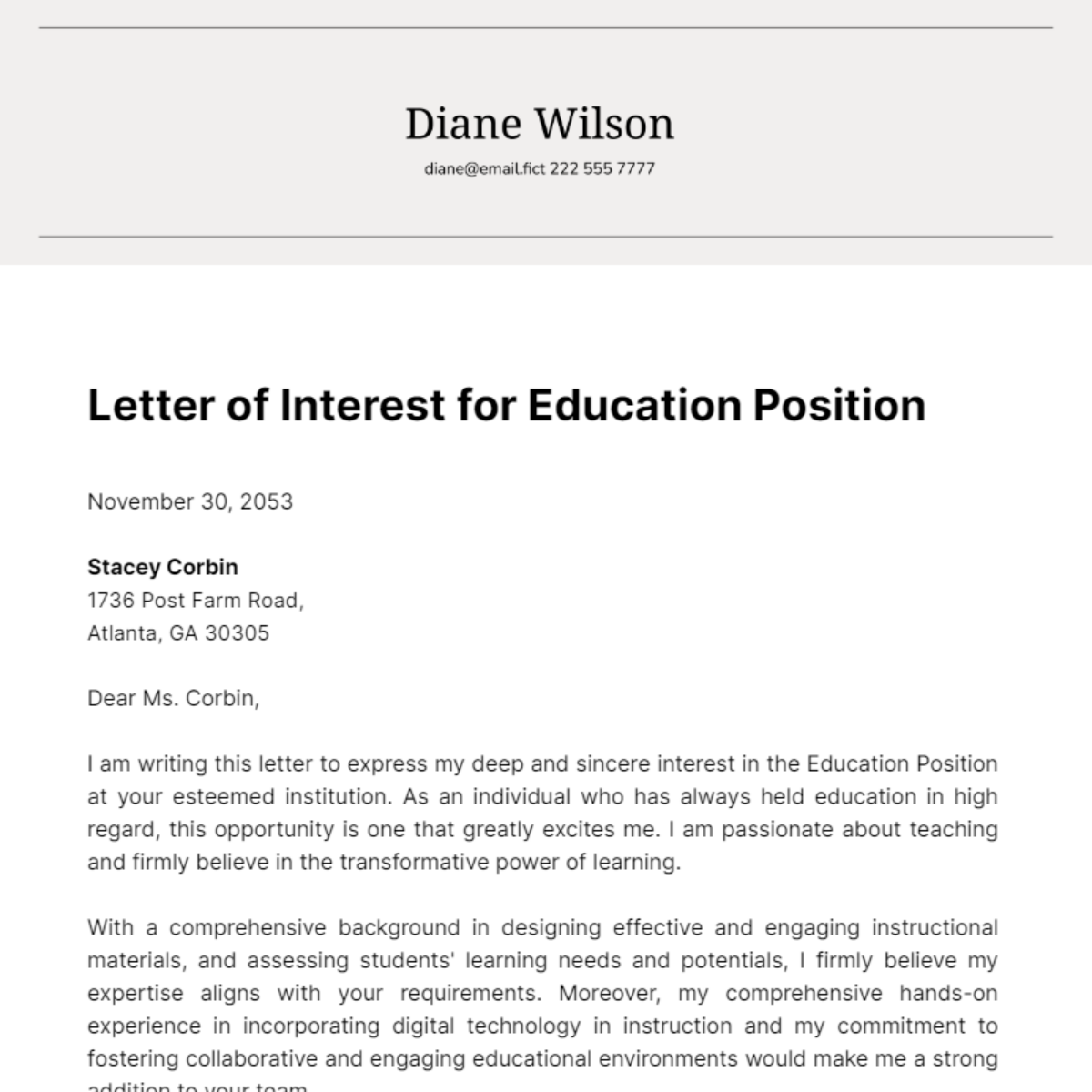 Letter of Interest for Education Position Template