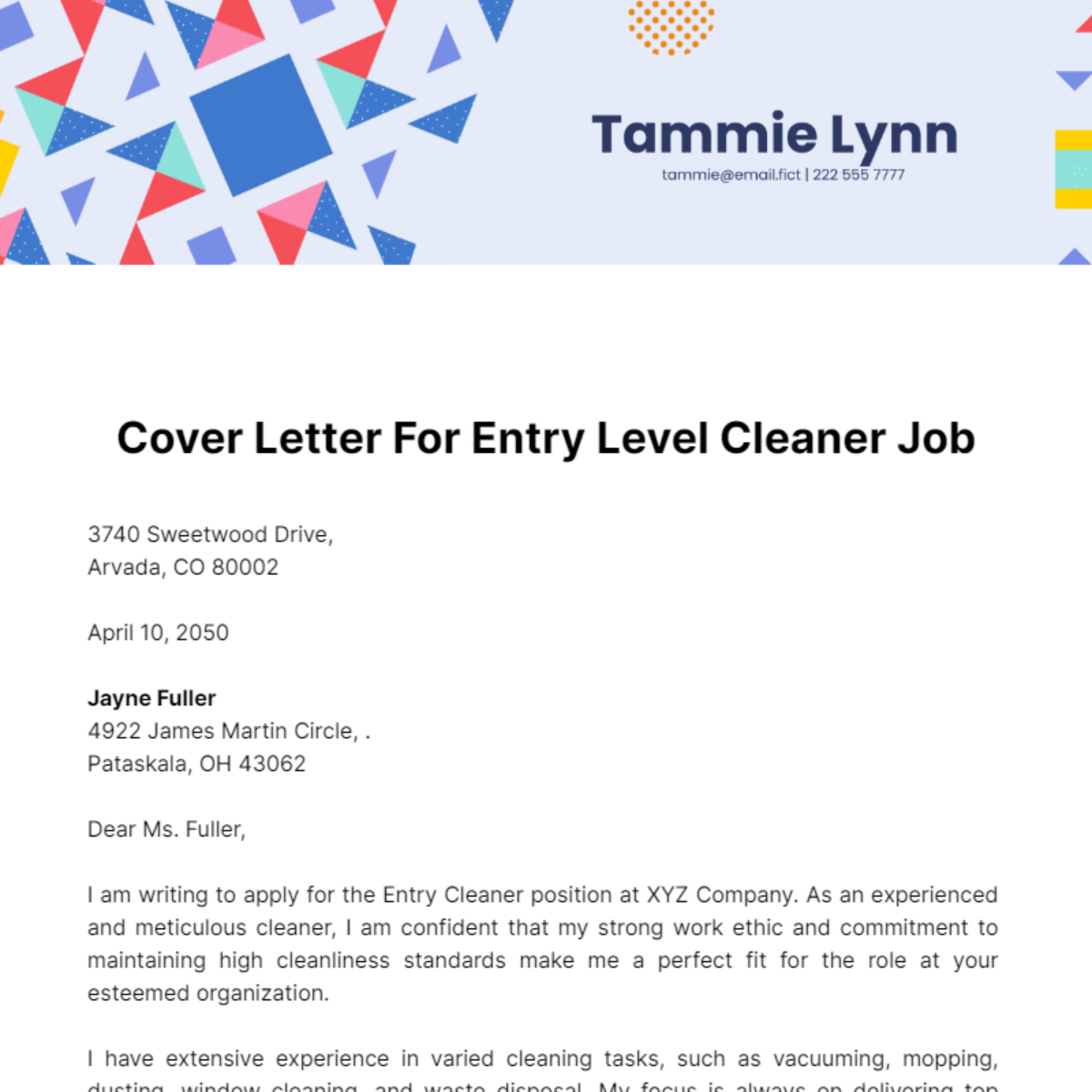 Cover Letter for Entry Level Cleaner Job Template
