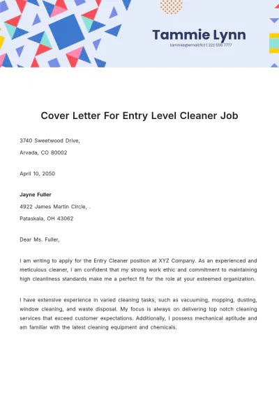 Free Cover Letter for Entry Level Cleaner Job Template to Edit Online