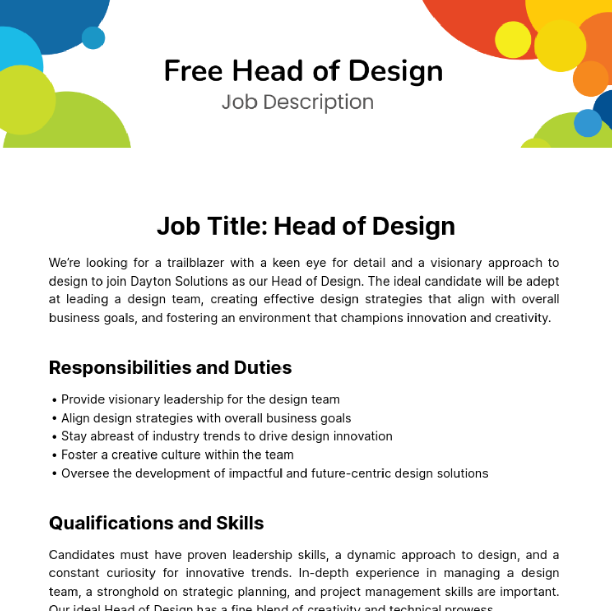 Head of Design Job Description Template