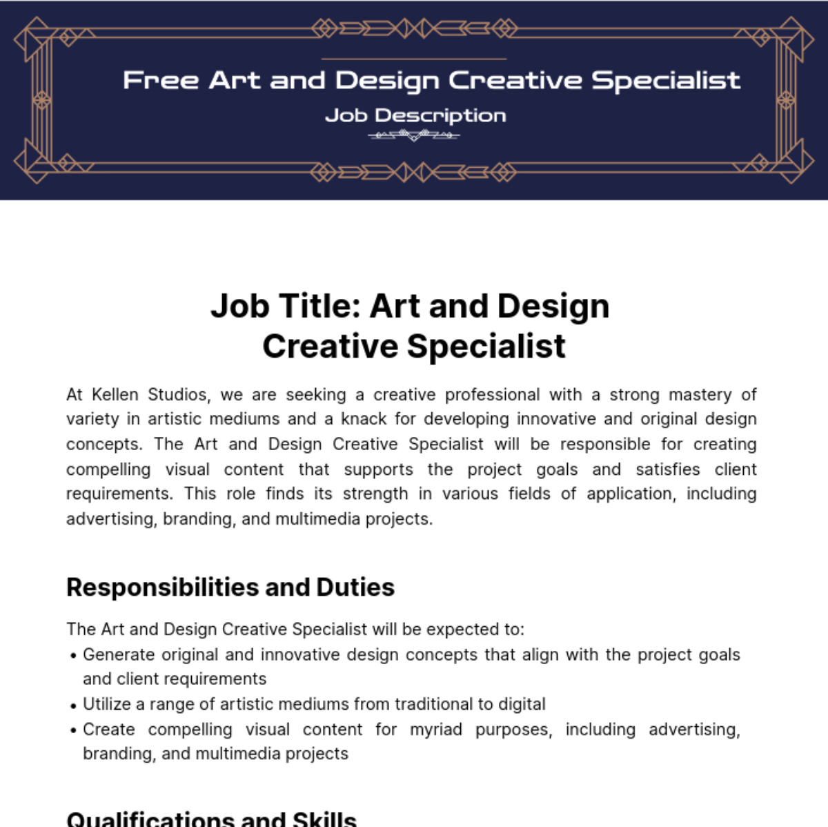 Art and Design Job Description Template