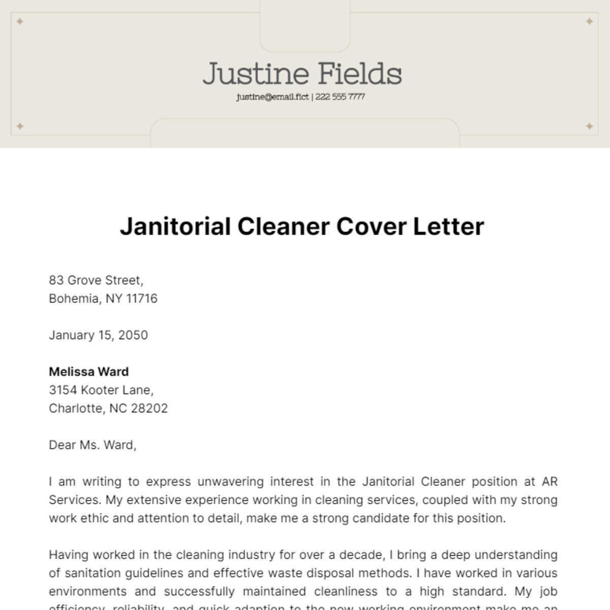 Janitorial Cleaner Cover Letter Template