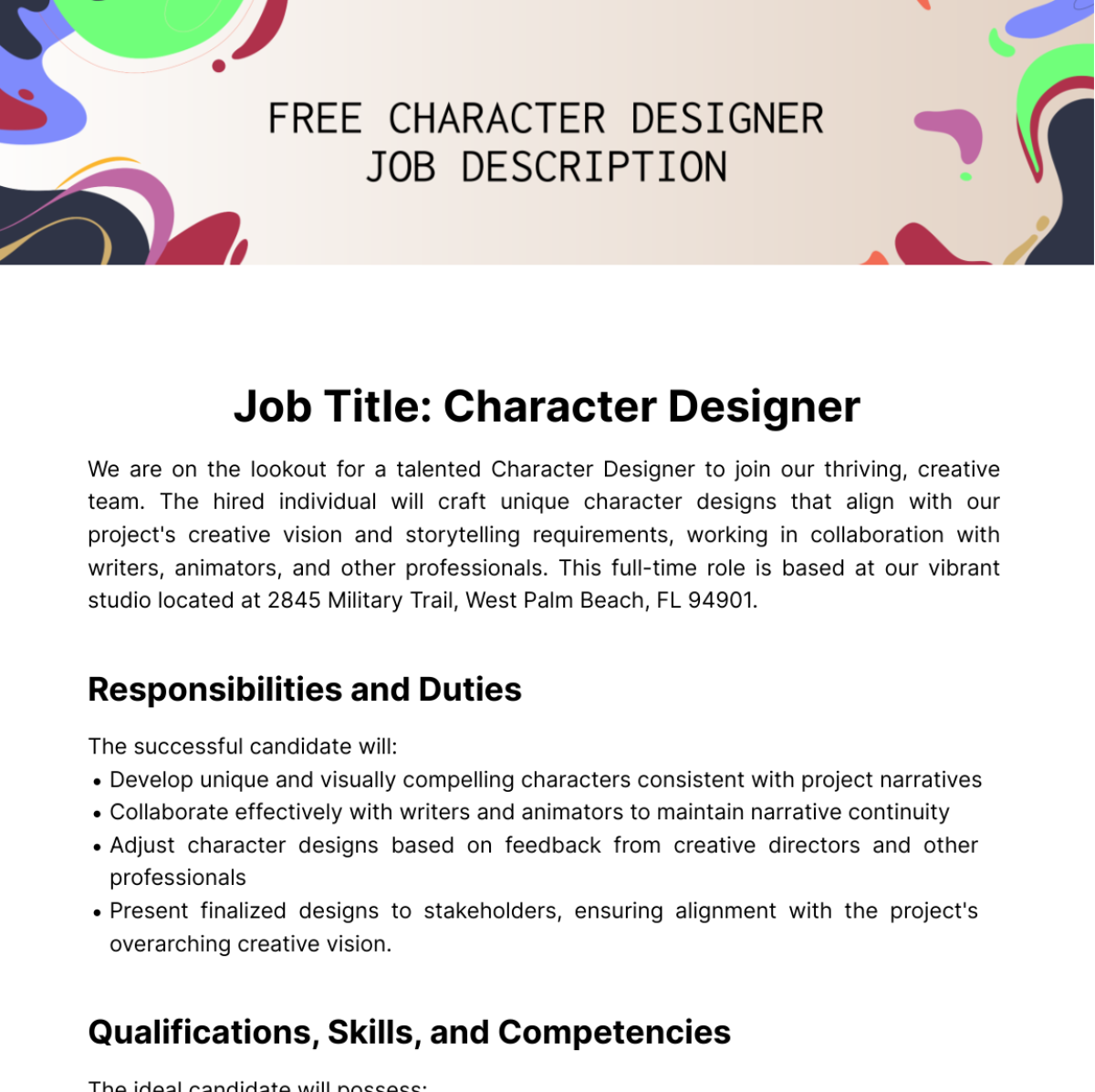Free Character Design Job Description Template