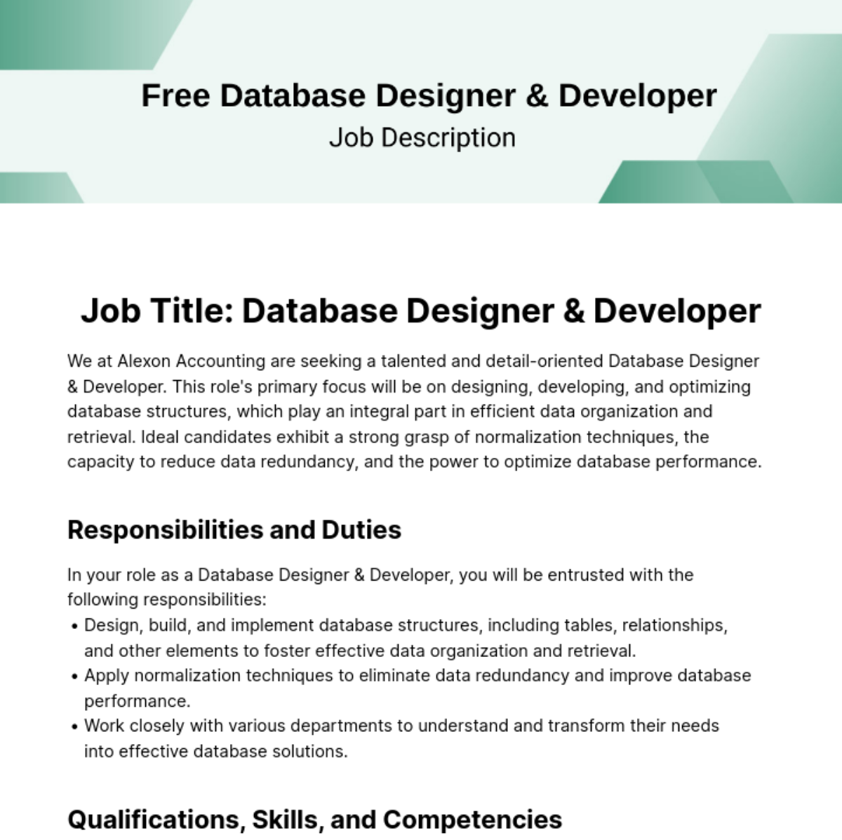 Free Database Design Job Description