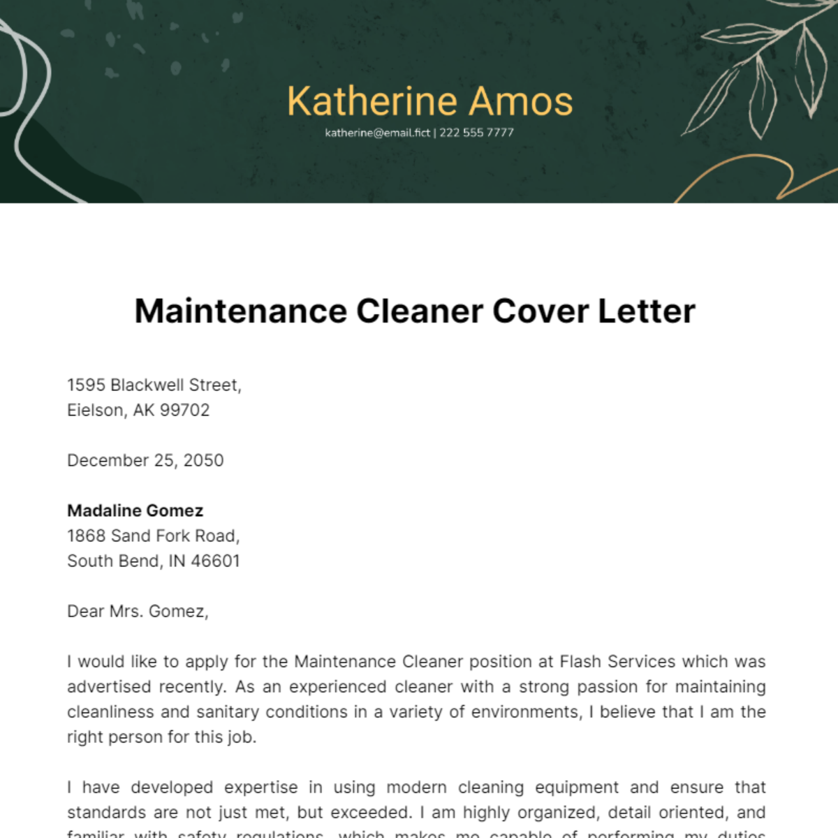 Maintenance Cleaner Cover Letter Template