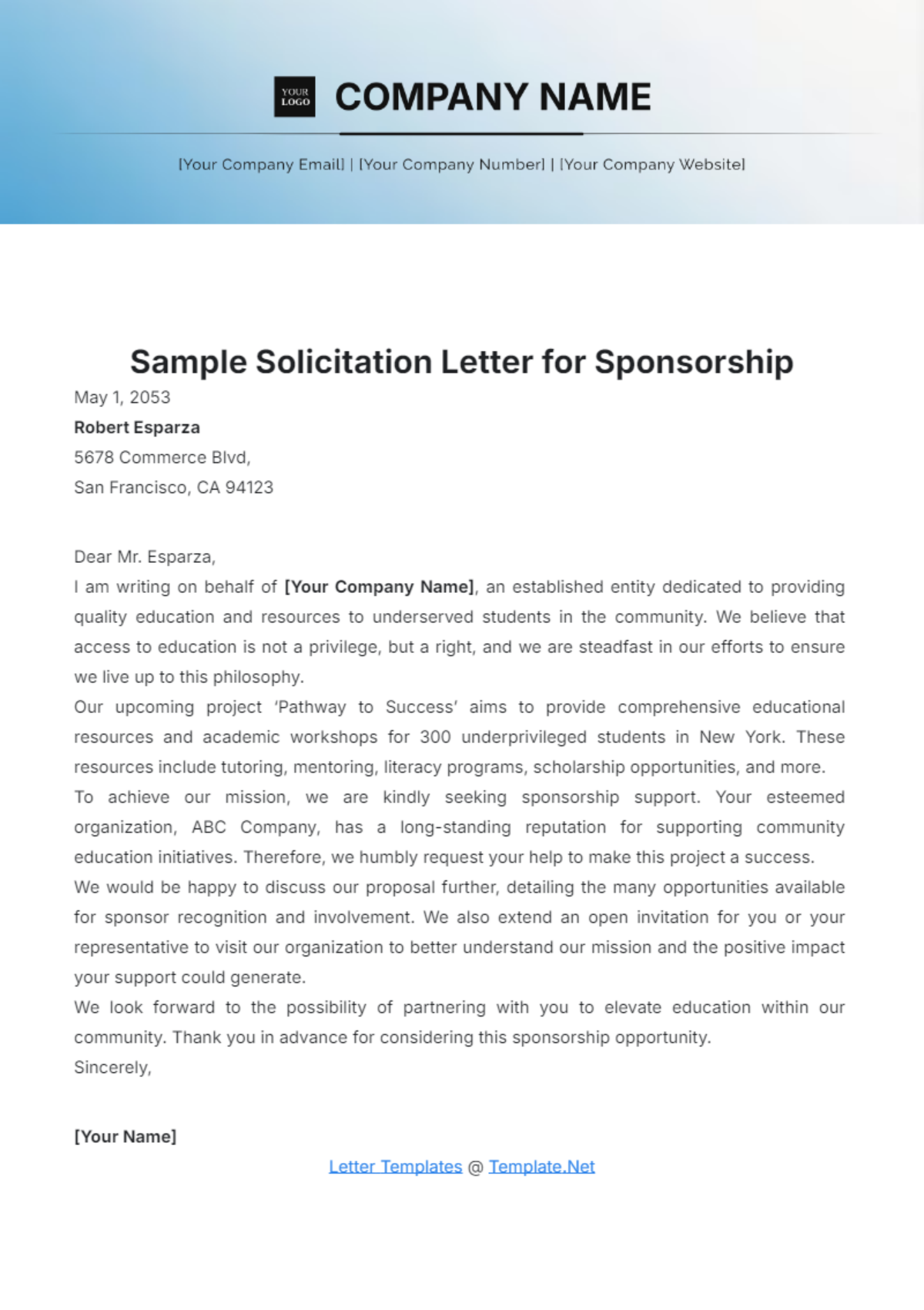 Sample Solicitation Letter for Sponsorship Template - Edit Online & Download