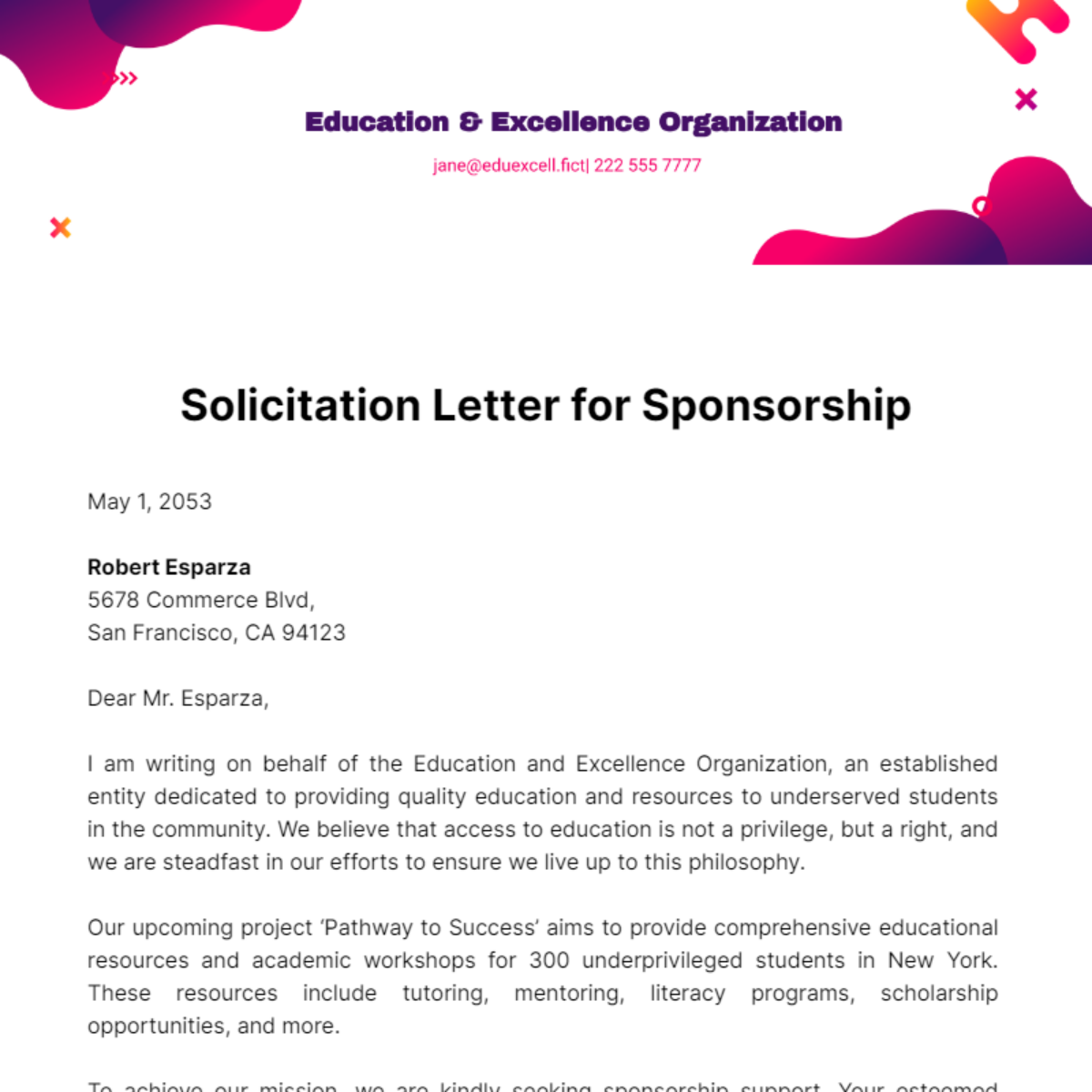 Free Solicitation Letter for Sponsorship Template