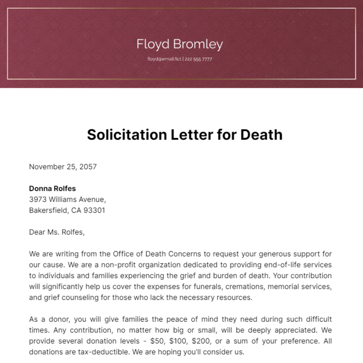 Solicitation Letter for Death Template