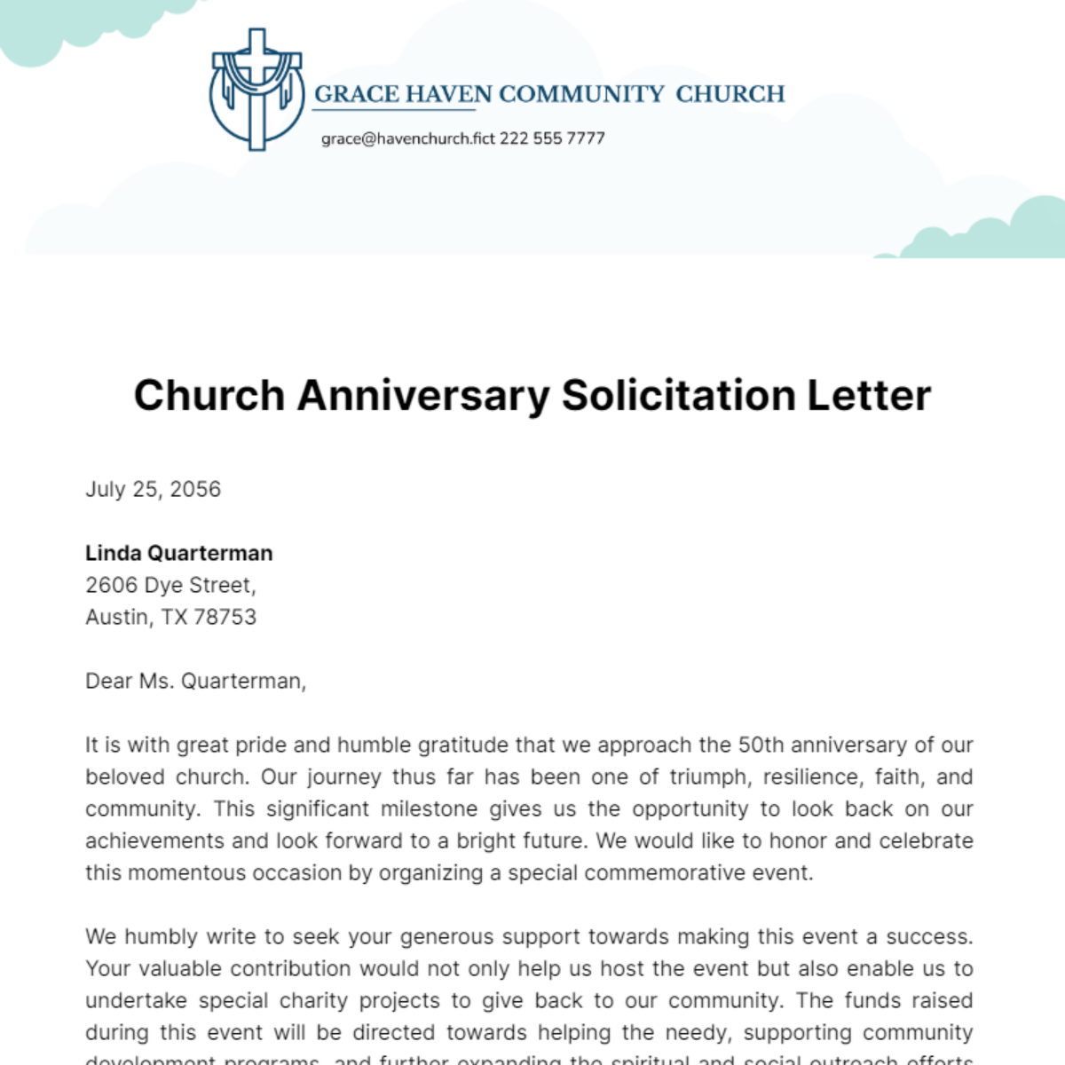 Free Church Anniversary Solicitation Letter Template
