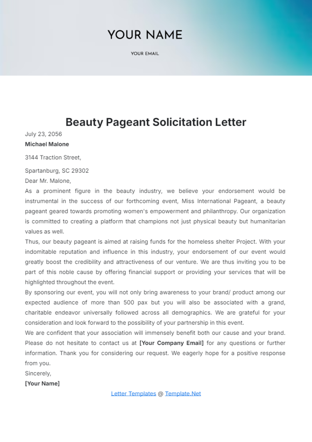 Beauty Pageant Solicitation Letter Template