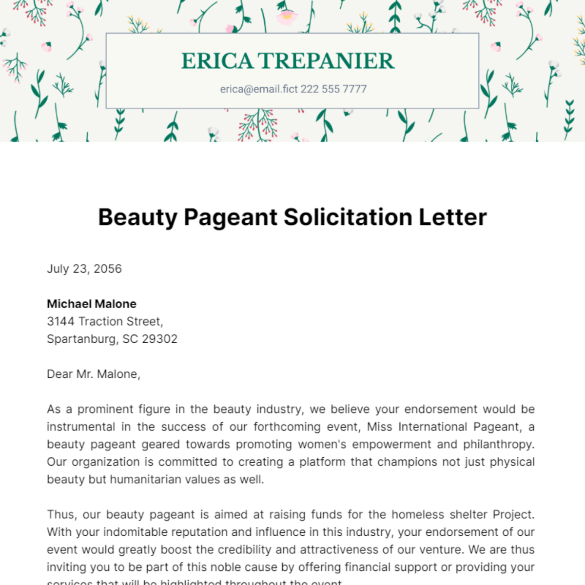Beauty Pageant Solicitation Letter Template